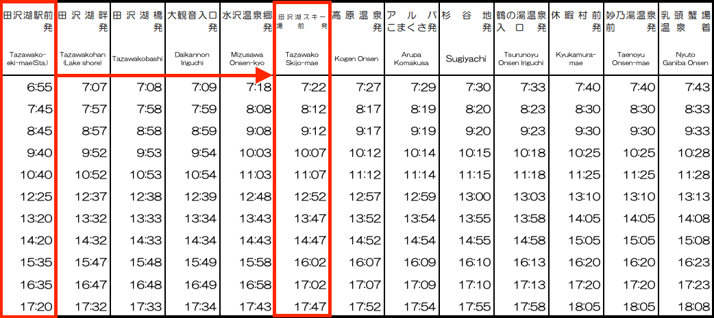 Transportation: image of bus schedule to ski facility